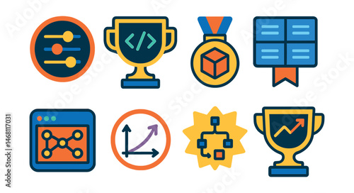 Flat vector icons of scientific computing: simulation control panel badge, coding terminal screen trophy, data model cube medal, supercomputer grid ribbon, AI experiment interface icon, physics