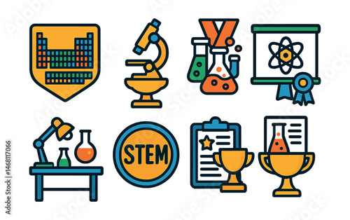 Flat vector icons of science education tools: periodic table chart badge, classroom microscope trophy, student science kit medal, interactive whiteboard ribbon, school lab table icon, STEM logo badge