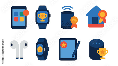Flat vector icons of smart devices: smartphone with apps badge, smartwatch interface trophy, smart speaker with wave medal, smart home hub ribbon, wireless earbuds icon, fitness tracker badge, tablet