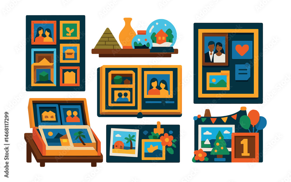 Flat vector icons of decorating with memories: framed photo gallery wall, travel souvenir shelf, DIY memory box, photo album on table, family memory board, wedding memory decor, holiday memories