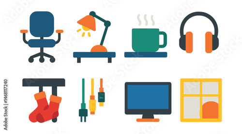 Flat vector icons of home office comfort: ergonomic chair icon, cozy desk lamp, tea mug on work table, noise-canceling headphones, cozy socks under desk, neat cable management, clean monitor setup,