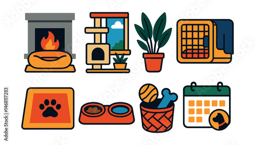 Flat vector icons of pet-friendly cozy home: pet bed near fireplace, cat tree next to window, pet-safe houseplants, cozy dog crate setup, easy clean rugs, pet feeding station, pet toy storage basket,