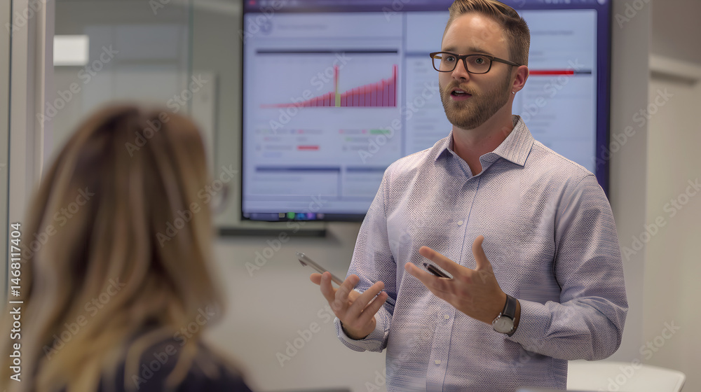Obraz premium Man in glasses presenting data on a screen to a woman in an office setting with neutral colors