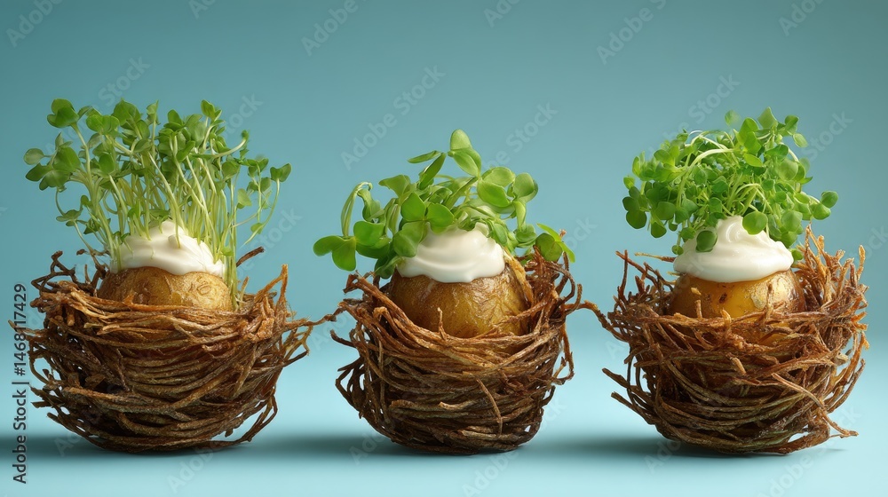 Potato Nests Sprouted Greens in Creative Appetizers on Blue. Potato Nests Sprouted Greens in Creative Appetizers on Blue.