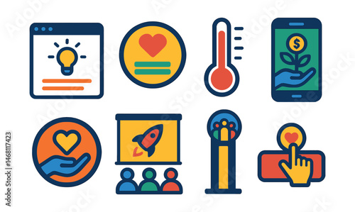Flat vector icons of crowdfunding and fundraising: crowdfunding campaign page, donation tracker badge, fundraising goal thermometer, crowdsource investment app, charity project funding badge, startup