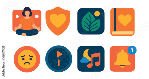Flat vector icons of meditation and mindfulness apps: guided meditation session icon, mindfulness reminder badge, breathing exercise app, gratitude journal app, stress tracker badge, focus meditation