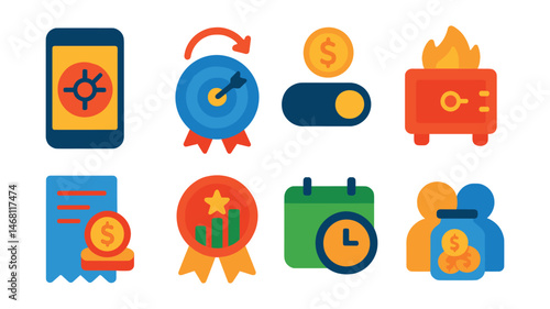 Flat vector icons of smart savings tools: savings vault app, goal-based savings badge, auto-save feature icon, emergency fund builder, smart rounding up purchases, savings milestones badge, set and