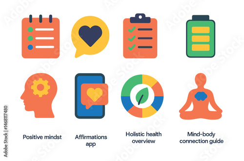 Flat vector icons of holistic wellness apps: daily self-care planner, emotional check-in app, gratitude habit tracker, energy level diary, positive mindset coaching, affirmations app, holistic health