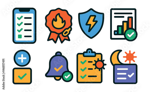 Flat vector icons of habit building apps: habit tracker app, daily habit chain badge, streak saver icon, habit progress report, custom habit creator, smart habit reminders, morning routine checklist,