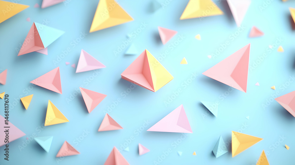 Whimsical pastel triangle arrangement on a light blue background creating depth Whimsical pastel triangle arrangement on a light blue background creating depth