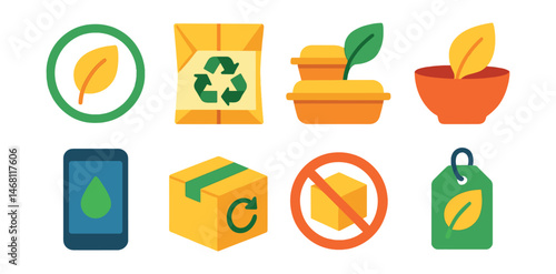 Flat vector icons of sustainable packaging innovations: compostable packaging badge, recyclable paper wraps, biodegradable container set, edible packaging materials, refill station app, reusable