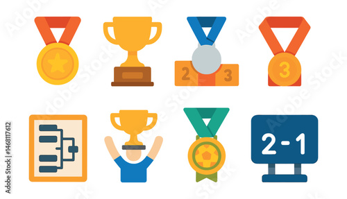 Flat vector icons of sports competitions and medals: gold medal badge, championship trophy icon, silver medal podium, bronze medal finish, tournament bracket sheet, sports cup celebration, match MVP