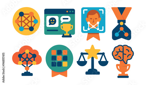 Flat vector icons of artificial intelligence: neural network diagram badge, AI chatbot window trophy, face recognition grid medal, decision tree flow ribbon, deep learning cloud icon, training