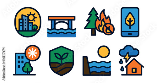 Flat vector icons of climate adaptation innovations: climate-resilient city badge, flood-resistant infrastructure icon, wildfire prevention technologies, drought management app, urban cooling