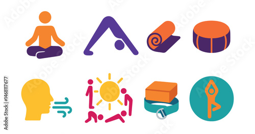 Flat vector icons of yoga and flexibility exercises: lotus position icon, downward dog pose, yoga mat roll, meditation cushion badge, yoga block and strap, breathing exercise symbol, sun salutation