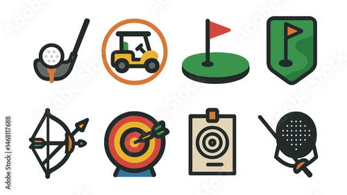 Flat vector icons of golf and precision sports: golf club and ball icon, golf cart badge, putting green flag, mini-golf course badge, archery bow and arrow, darts bullseye badge, shooting target