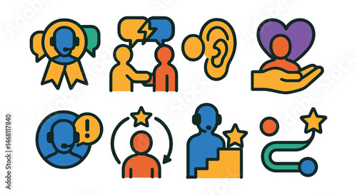 Flat vector icons of customer service trainings: effective communication with clients badge, conflict resolution in service training, active listening workshop, empathy skills course, complaint