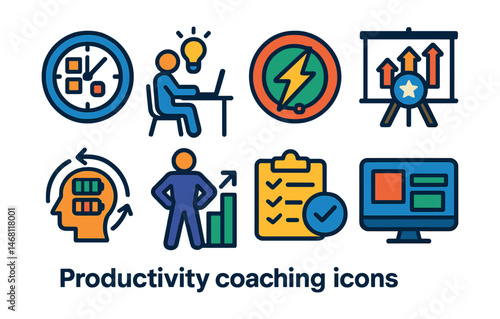 Flat vector icons of productivity coaching: time blocking planner badge, focused work session, procrastination busting badge, goal prioritization workshop, energy management techniques, peak