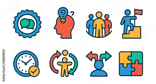 Flat vector icons of workplace skills: communication skills badge, critical thinking icon, teamwork collaboration, leadership development ladder, time management clock, adaptability and flexibility