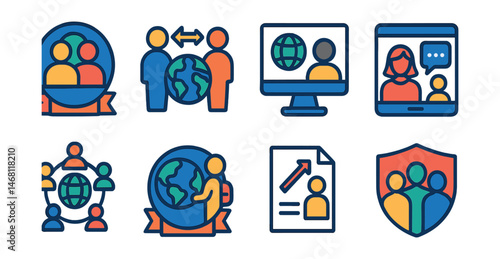 Flat vector icons of global mentorship programs: cross-cultural mentorship badge, international mentoring exchange, online global mentorship platform, virtual mentoring session icon, global career
