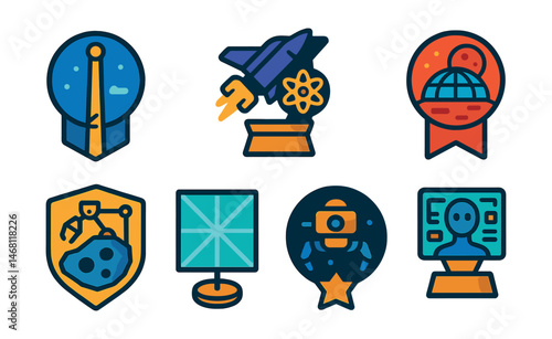 Flat vector icons of future space technology: space elevator cable badge, fusion-powered ship trophy, asteroid mining rig medal, Mars terraforming dome ribbon, interstellar sail probe icon, robotic