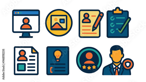 Flat vector icons of personal branding: personal website icon, portfolio showcase badge, blog writing for branding, online presence checklist, brand identity style guide, unique value proposition
