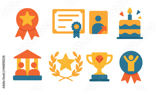 Flat vector icons of recognition and awards for mentorship: best mentor award badge, mentee success story badge, mentoring excellence certificate, mentorship milestone celebration, annual mentor