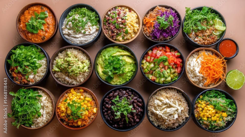 Fototapeta premium Vibrant Array of Healthy Meal Prep Bowls on Brown Background.