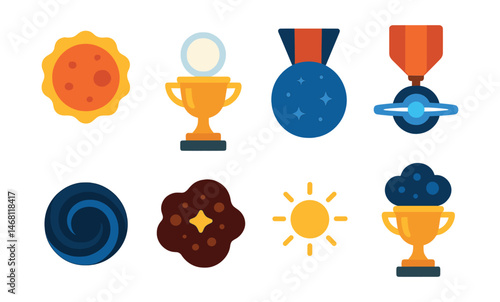 Flat vector icons of star types and lifecycles: red giant badge, white dwarf star trophy, blue supergiant medal, neutron star ribbon, black hole swirl icon, protostar cloud badge, main sequence