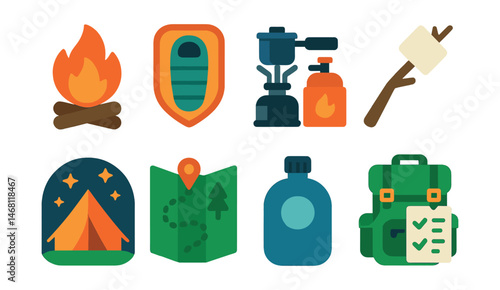Flat vector icons of camping and outdoor trips: campfire icon, sleeping bag badge, camping stove kit, marshmallow roasting stick, tent under stars, nature trail map, water canteen icon, hiking