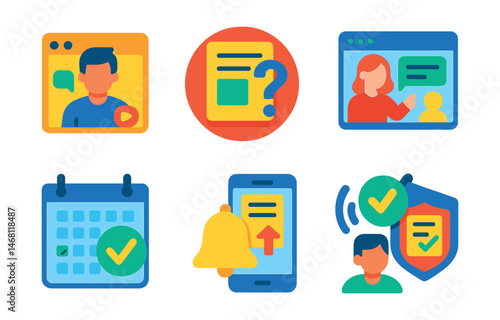 Flat vector icons of virtual tutoring and online classes: private tutor video call icon, online homework help badge, scheduled tutoring sessions, virtual classroom interaction, homework assignment