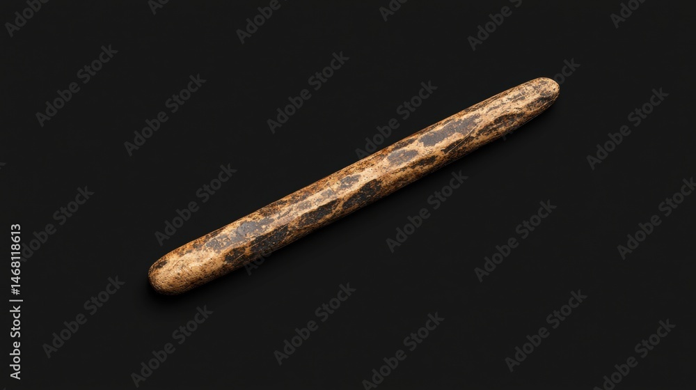 A long, thin, brown object with a rough texture and dark markings. A long, thin, brown object with a rough texture and dark markings.