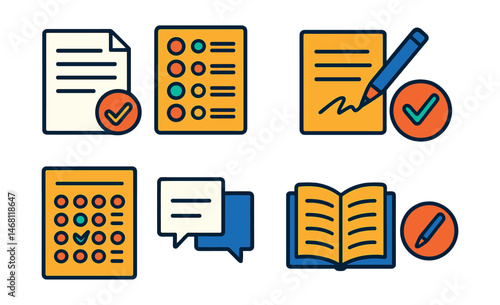 Flat vector icons of written exams: paper-based exam sheet, multiple choice question form, essay writing section icon, answer sheet filling badge, standardized test form, short answer questions icon,