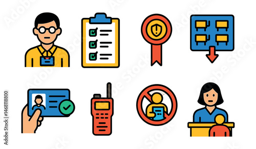 Flat vector icons of exam invigilation: exam invigilator badge, exam monitoring checklist, rules enforcement badge, exam hall setup plan, ID verification before exam, invigilator communication device