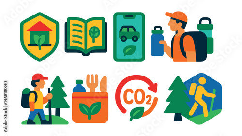 Flat vector icons of eco-friendly travel options: eco hotel badge, sustainable travel guide, eco-friendly transport app, reusable water bottle traveler, nature conservation tour, zero-waste travel