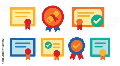 Flat vector icons of professional certifications: official certification diploma, industry certificate badge, global certification award, certified skills badge, qualification diploma icon, verified