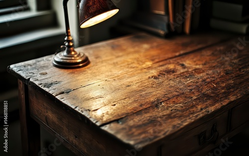 Desk with a lamp on it. The lamp is turned on and the desk is made of wood photo
