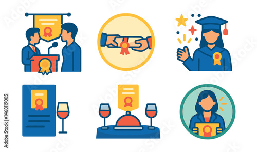 Flat vector icons of certification events and ceremonies: certification award ceremony icon, diploma handover moment badge, certification graduation event, celebratory achievement badge, official