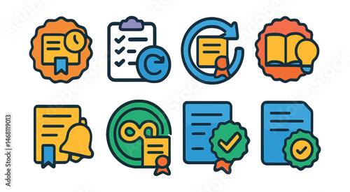 Flat vector icons of certification renewal and updates: certification renewal reminder badge, continuing education credits tracker, certification revalidation icon, skills refresher course badge,