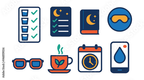 Flat vector icons of hydration and sleep: water intake tracker, sleep hygiene checklist, bedtime story book icon, sleep mask badge, blue light blocker glasses, herbal tea before bed, ideal sleep