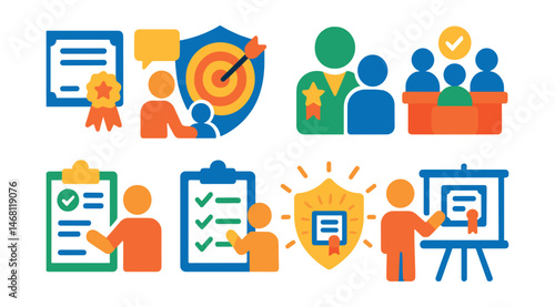Flat vector icons of certification coaching and support: certification coaching session badge, exam strategy coaching badge, certification mentorship program, study group for certification badge,