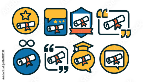 Flat vector icons of inspiring diploma quotes: diploma success quote badge, education achievement quote, learning journey quote badge, motivational quote with diploma scroll, lifelong learning motto