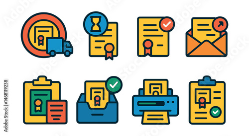 Flat vector icons of diploma tracking and updates: diploma shipping tracker badge, pending diploma issuance icon, issued diploma notification badge, diploma mailing update badge, status of diploma