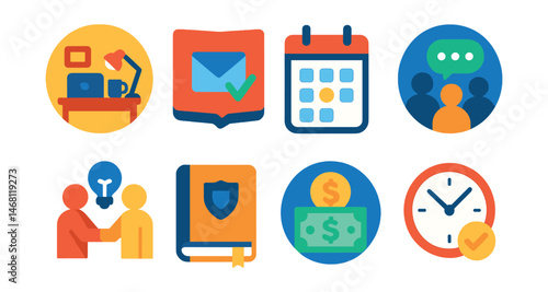 Flat vector icons of workplace basics for beginners: office desk setup badge, work email etiquette guide, meeting calendar app icon, teamwork communication badge, coworker collaboration icon, company
