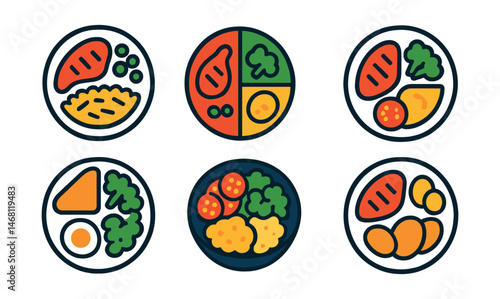Flat vector icons of balanced meal plates: protein, carbs and veggies plate icon, healthy portion guide badge, colorful meal dish, divided plate meal idea, MyPlate guide icon, balanced breakfast