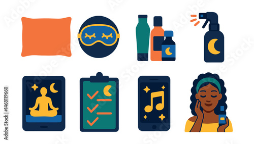 Flat vector icons of beauty sleep essentials: silk pillowcase icon, sleep mask badge, nighttime skincare products, calming pillow spray, bedtime meditation app, sleep hygiene checklist, soothing