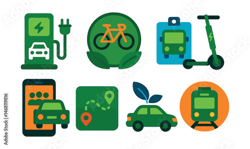 Flat vector icons of green transportation: electric car charging station, bicycle commuting badge, public transport eco pass, electric scooter rental icon, carpool sharing app, walking route map,