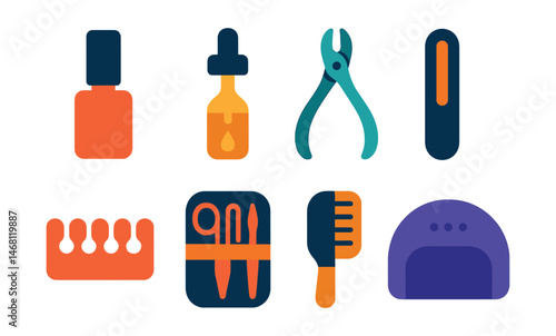 Flat vector icons of manicure and pedicure care: nail polish bottle, cuticle oil dropper, nail clipper tool, nail file board, toe separator icon, manicure kit case, nail care brush, professional nail