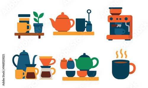 Flat vector icons of coffee and tea home rituals: home coffee corner, tea brewing station, espresso machine setup, pour-over coffee kit, teapot collection, tea ceremony tray, cozy coffee shop vibe at
