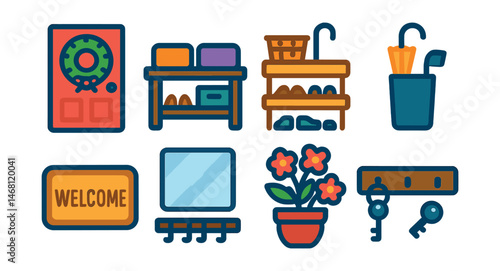 Flat vector icons of welcoming entryway decor: front door wreath icon, organized entry bench, shoe rack with basket, umbrella stand setup, welcome mat badge, entryway mirror with hooks, seasonal